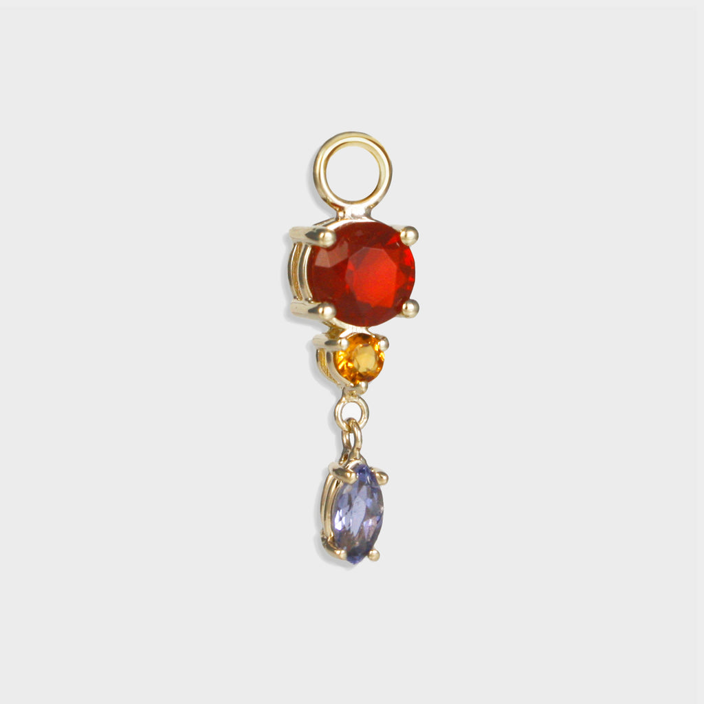 Unique earring charm featuring an exquisite iolite hanging from a lively citrine and a deep orange-red hue Mexican fire opal. Exciting combination of gemstones and shapes that contrast beautifully.