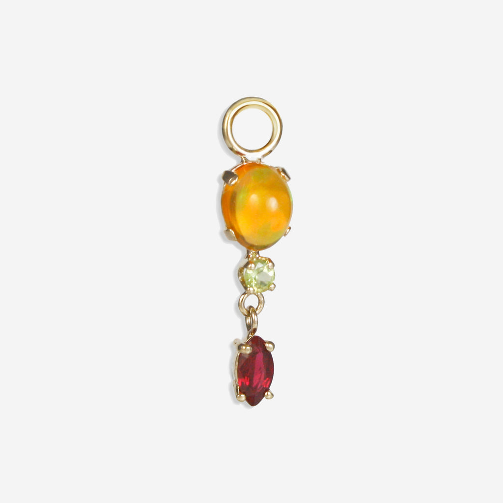 Unique earring charm featuring a deep red Ruby hanging from a soft green peridot and a Mexican orange crystal opal with grren-orange-red fire