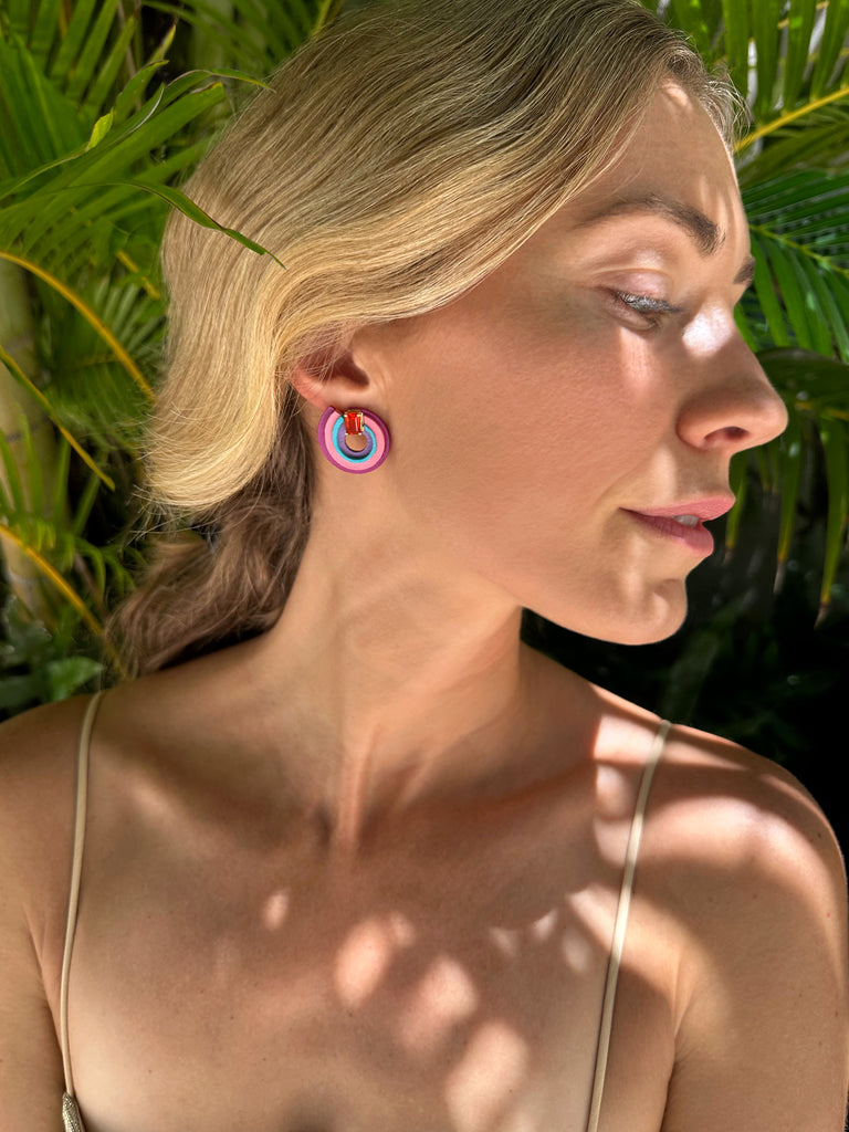 Inspired by the Universe and its infinite mysteries, these exquisite one-of-a-kind earrings are carefully made by hand, with attention to every step of the process. They consist of black walnut, which is treated to make it stronger and more resistant, and delicately hand-painted with top-quality acrylic paint. Mexican orange crystal opals are set in 14k yellow gold, making them eye-catching and unique.