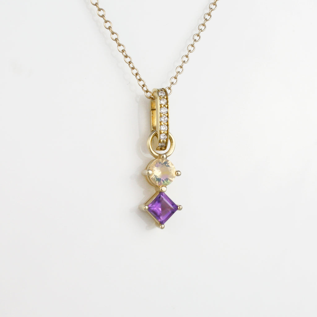 Delicate Mexican crystal opals alongside vibrant princess cut amethysts set in 14k gold earring charms.