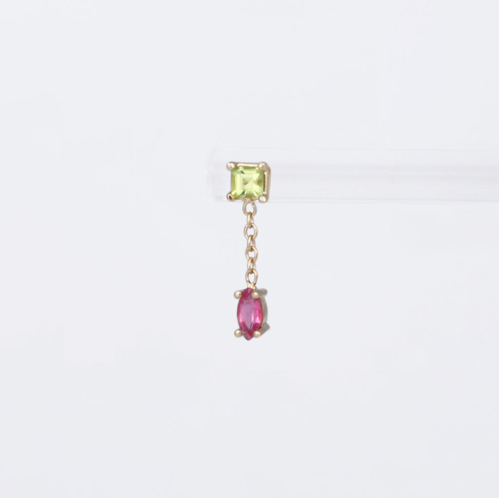 Dainty and femme chain earring featuring a lively peridot and tourmaline set alongside in perfect harmony. 