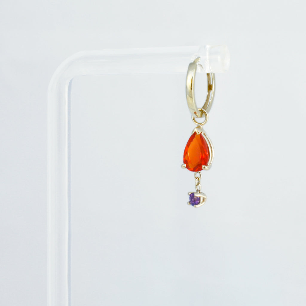 Earring charm featuring a vibrant Mexican fire opal linked by a chain to a contrasting amethyst.